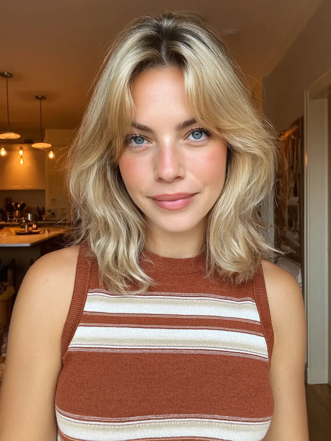 Soft Layered Shoulder-Length Waves with Curtain Bangs